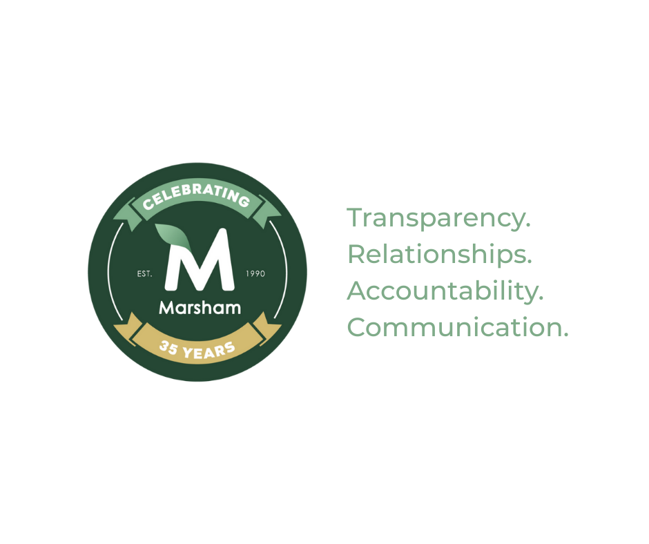 Marsham logo with their four core values listed beside it