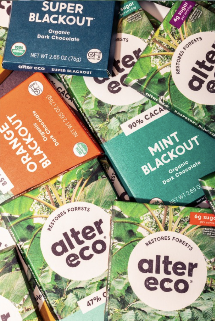 various flavours of alter-eco chocolate bars layered on top of each other
