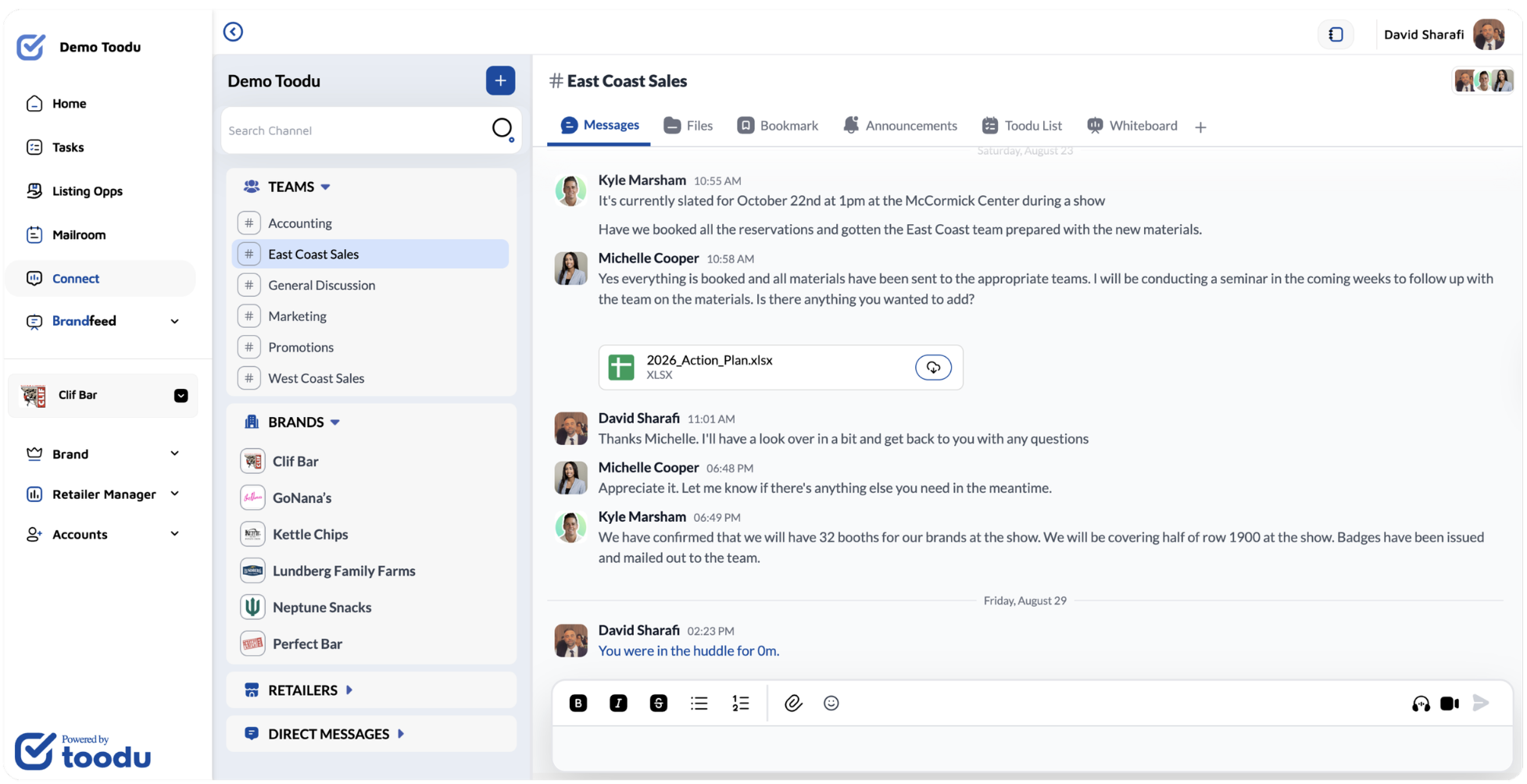 a screenshot of the Toodu platform showing mock conversations between teams and brands