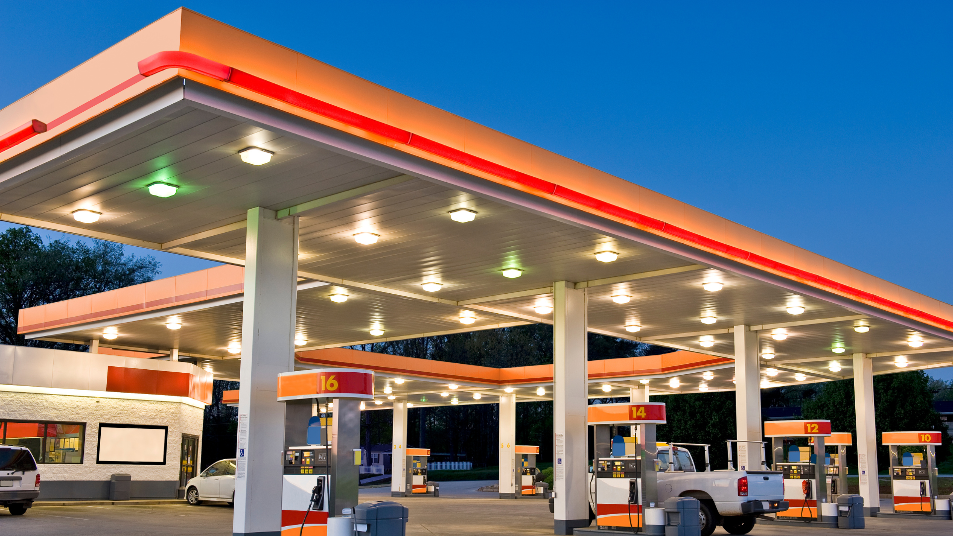 outside of a gas station at night