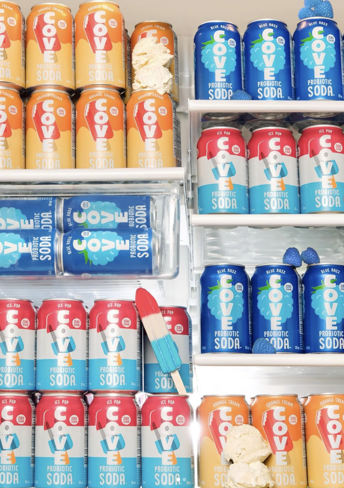 various flavours of Cove probiotic sodas stocked in a fridge