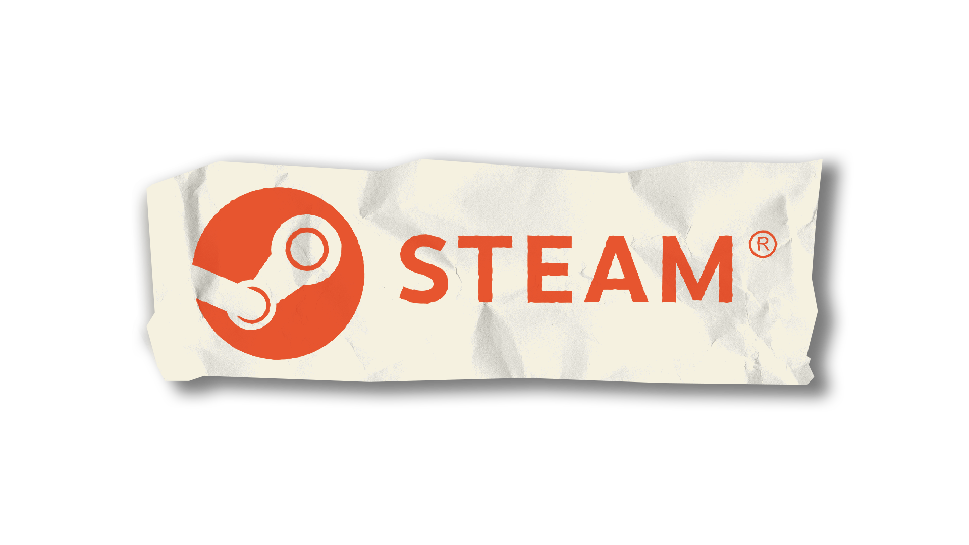 A crumpled paper wrapper with a red circular logo featuring a stylized game controller and the word 'STEAM' written next to it in red capital letters.