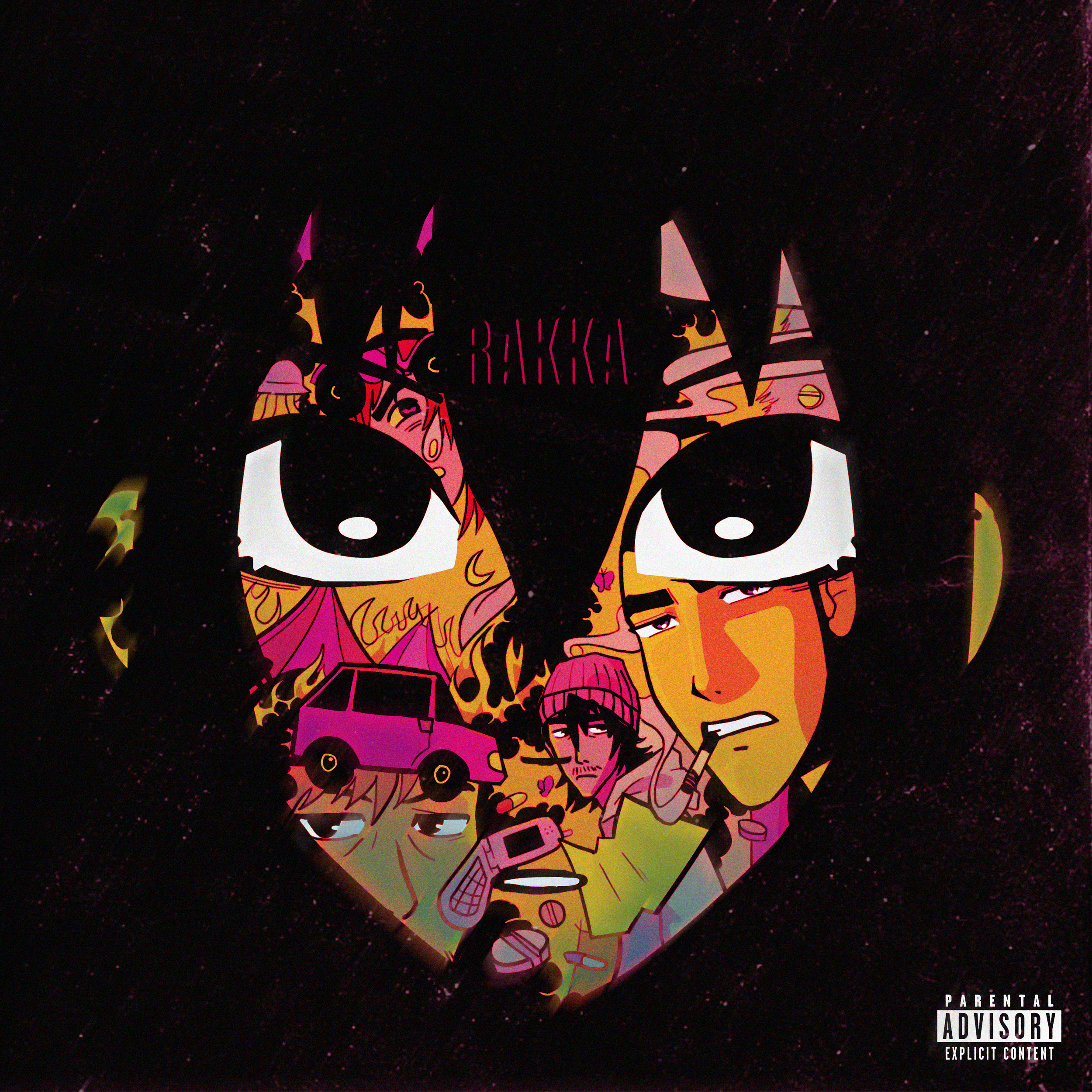 Anime-style illustration of a face with large eyes and multiple smaller characters and objects inside, including a girl with a pink beanie, a person holding a phone, a car, and of a person with a cigarette. The background is black with pink and purple speckles.