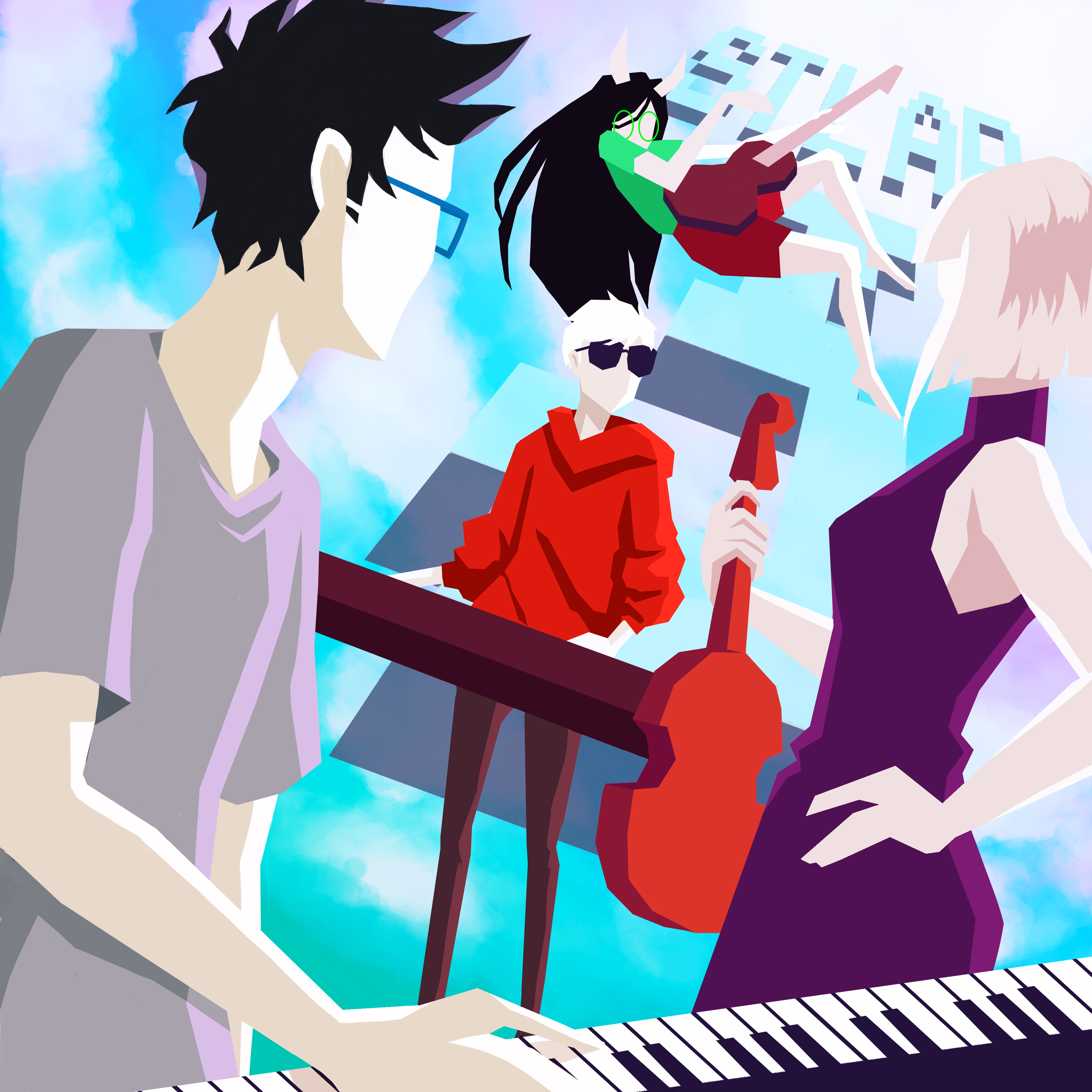 Stylized digital illustration of four characters with various musical instruments and items, against a background of blue sky and clouds. One character is playing a keyboard, another is holding a red guitar, a third is holding an old-fashioned radio or phone, and the fourth has green hair and glasses, with a small creature or fairy flying above.