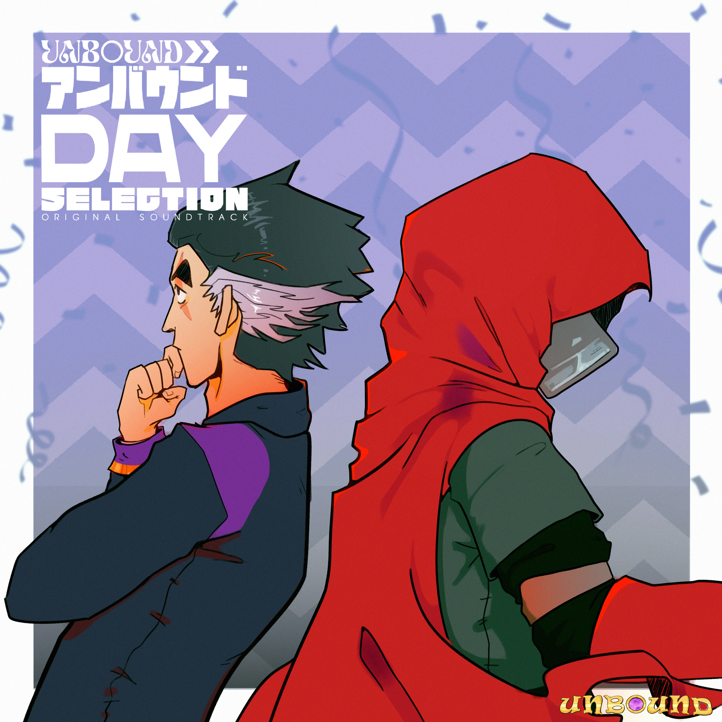 A digital illustration of two characters from the game 'Undound' standing back to back. The character on the left has gray and black hair, is wearing a dark jacket, and is holding their chin thoughtfully. The character on the right is wearing a red hooded cloak, with a metallic device partially visible near their neck. The background features a zigzag pattern and confetti-like decorations, with the text 'Undound Day Selection' and 'Original Soundtrack' at the top.