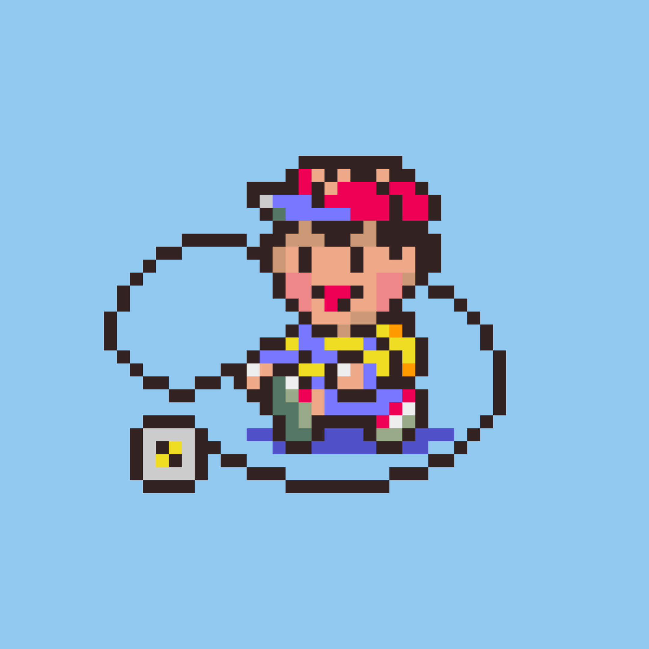 Pixel art character of a boy wearing a cap turned backwards, sitting with a fishing rod and smiling, on a light blue background.