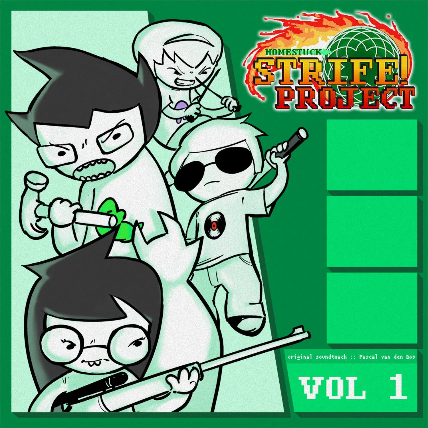 Cartoon characters from the game 'Homestuck Street Project' featuring kids with weapons, sunglasses, and a cat, in a comic or game box art style, with a search bar and a soundtrack credit.