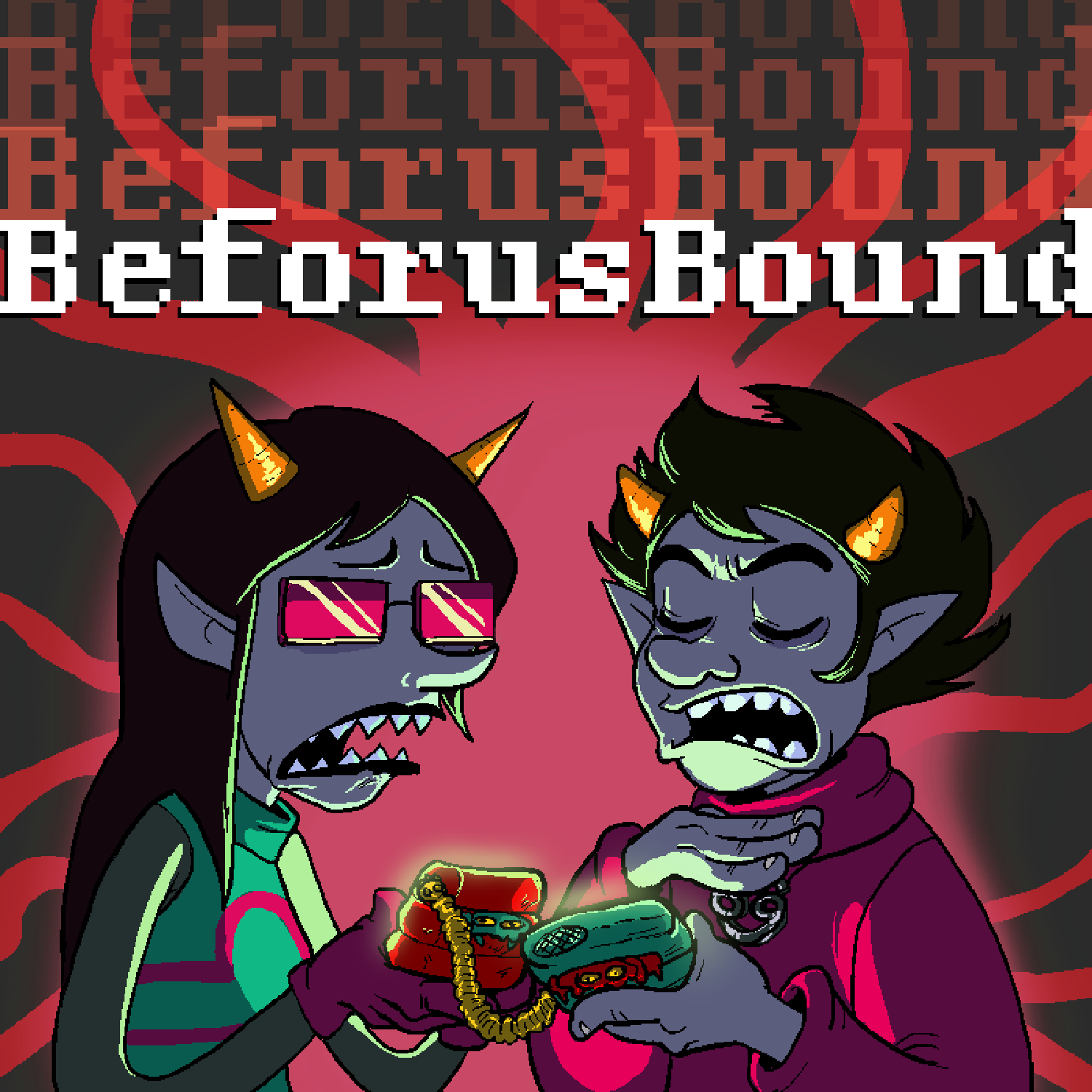 Two cartoon fantasy characters with horns and pointed ears, one with sunglasses and the other with spiky hair, looking at a glowing mobile phone, with red swirling background and bold text that reads 'BeForusBounc' at the top.