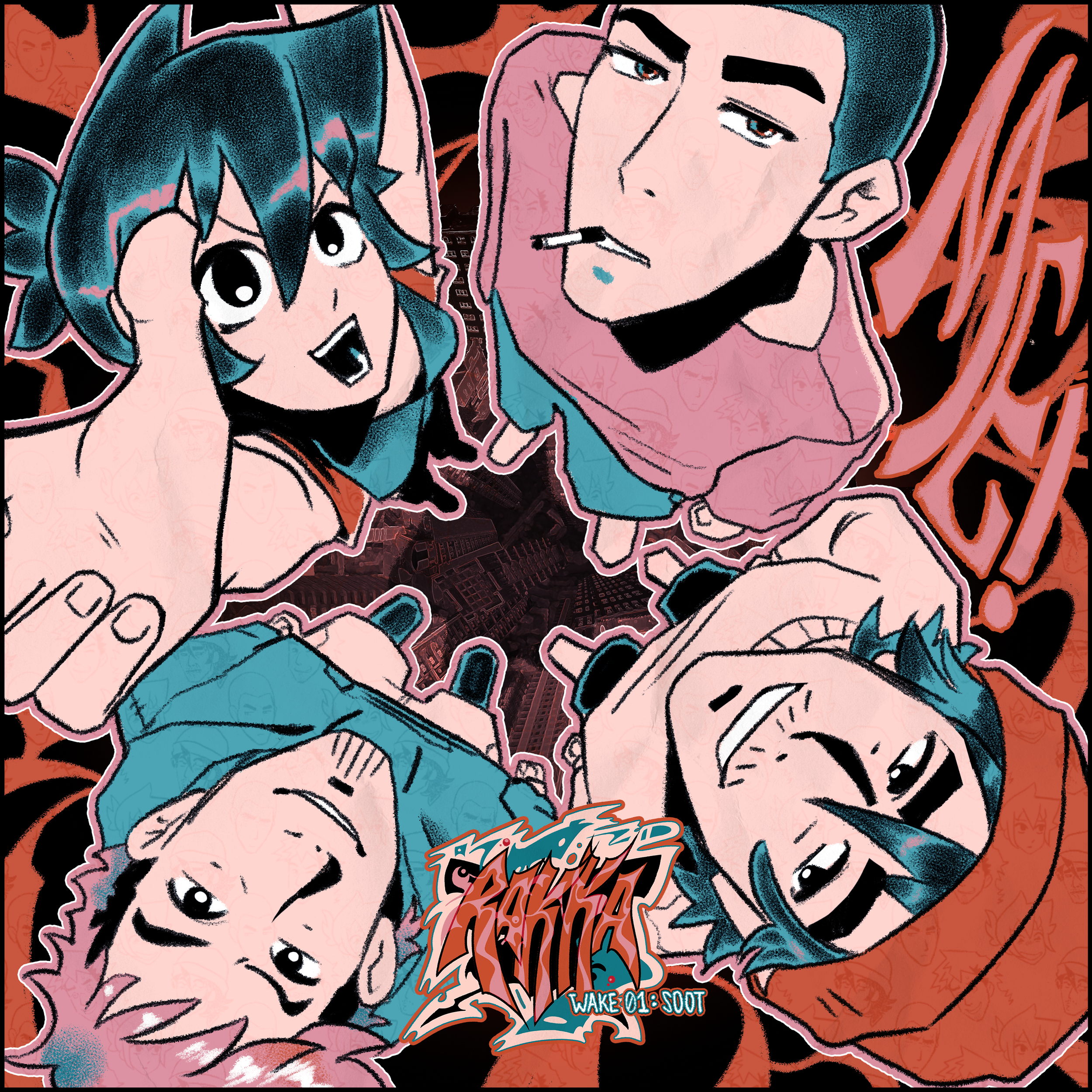 A colorful, stylized illustration of four characters lying in different orientations, with anime-inspired features. The characters include a girl with dark blue hair, a boy with short dark hair smoking a cigarette, a blonde-haired boy, and a girl with teal hair and glasses. The background features a mix of dark and red tones with graffiti-like markings, along with the title text