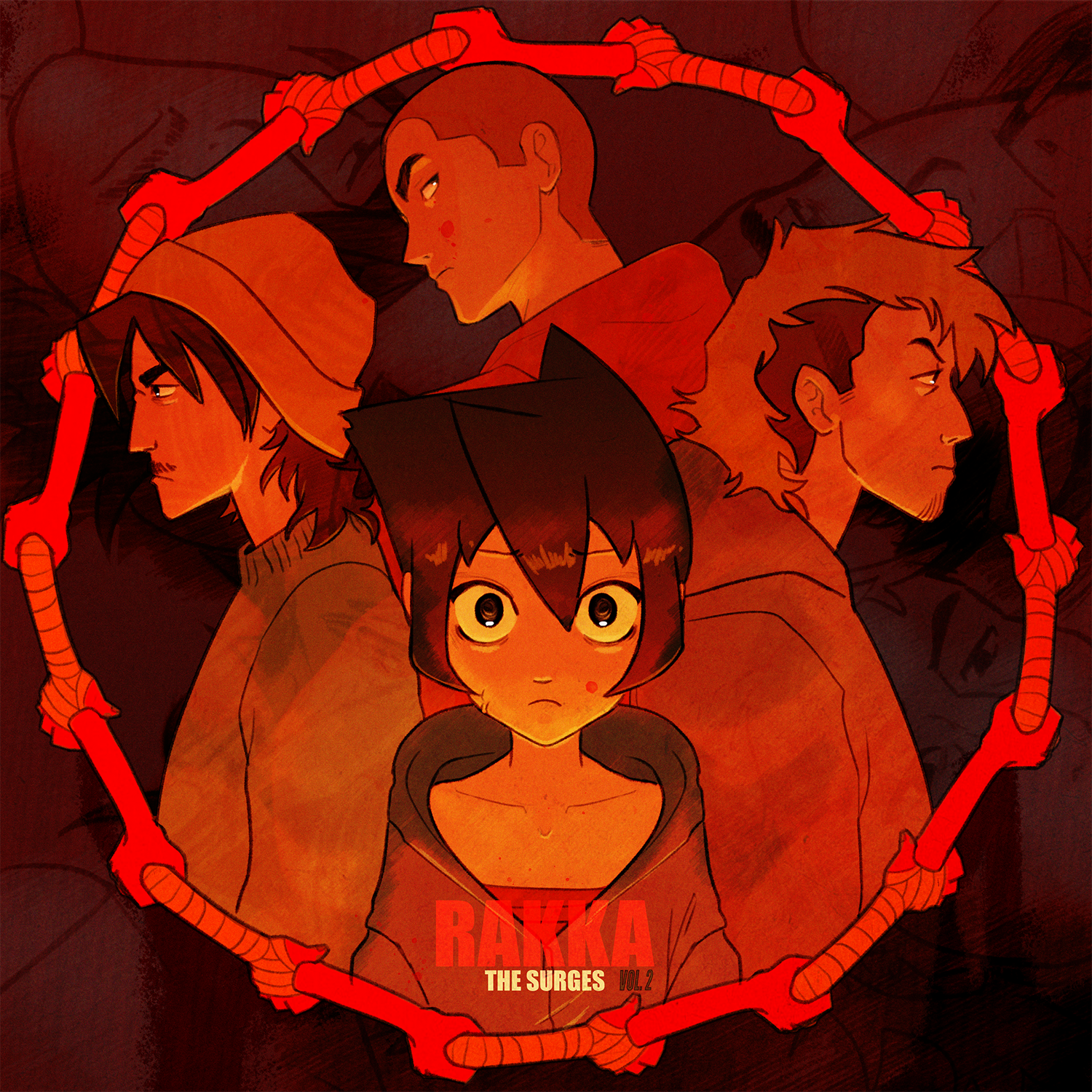 Anime-style illustration of five characters with serious expressions, centered around a young girl with short dark hair and wide eyes, surrounded by a red circular border made of tentacle-like shapes. The background is dark with hints of red, and the text 'RAKKA THE SURGES VOL. 2' appears at the bottom.