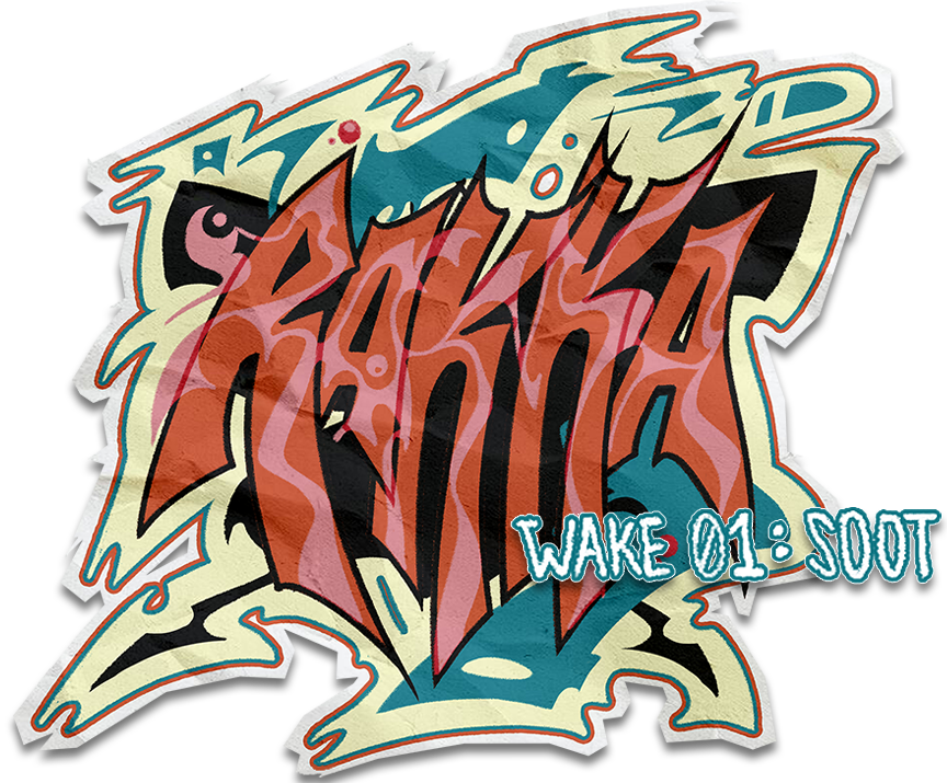 Graffiti-style artwork with multicolored abstract designs and the words 'RAKKA' in red text and 'WAKE 01 - SCOOT' in blue text.