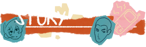 A colorful, hand-drawn illustration with the word 'STORY' and sketches of a person's face, a happy face, and a piece of paper with writing on it.