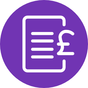 Icon of a document with text lines and a British pound (£) symbol, on a purple background.