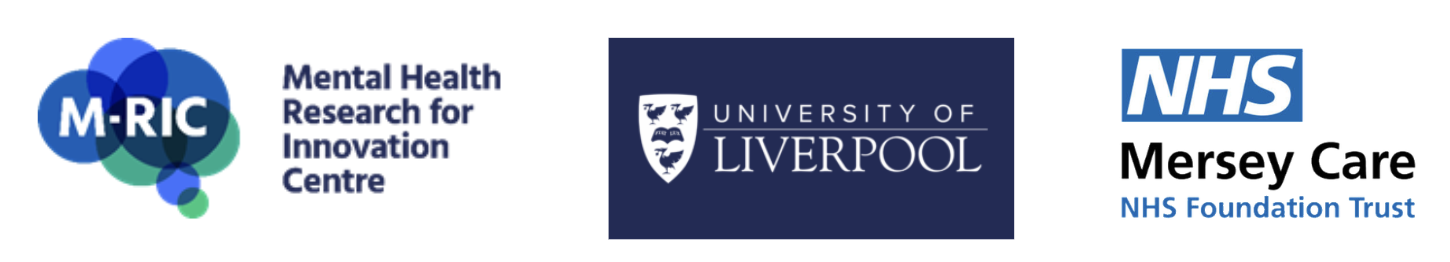 Logos of M-RIC, University of Liverpool, and NHS Mersey Care Foundation Trust on a white background.