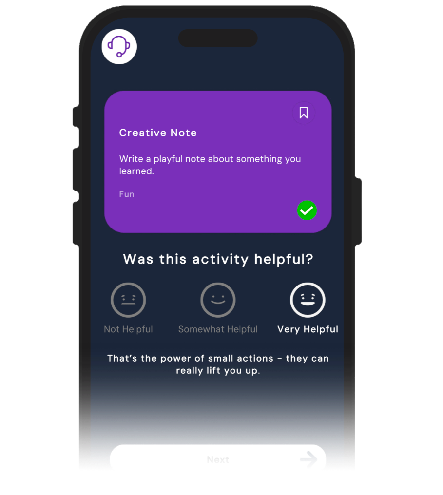 Smartphone screen displaying a completed activity card titled "Creative Note" and a checkmark, and a question asking "Was this activity helpful?" with reaction options from Not Helpful to Very Helpful, and a "Next" button.