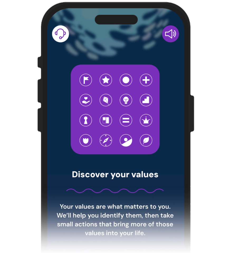 Smartphone screen displaying a values discovery app with icons representing different personal values, and text encouraging users to identify and act on their values.