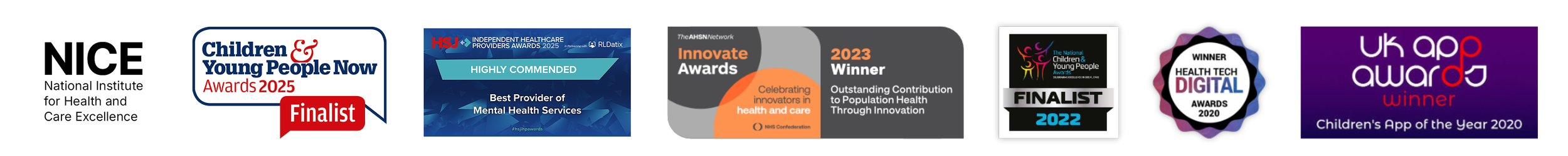 A horizontal strip of various awards, nominations, and recognitions related to children's health and technology, including badges from NICE, Children & Young People Now Awards 2025, HSJ, AHSN Network, The National Children & Young People Awards, UK App Awards 2020, and Children's App of the Year 2020.
