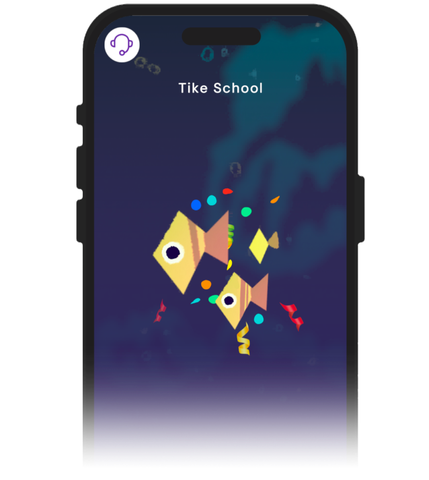 Mobile phone screen displaying in-app rewards, with a colorful fish-themed graphic and confetti.