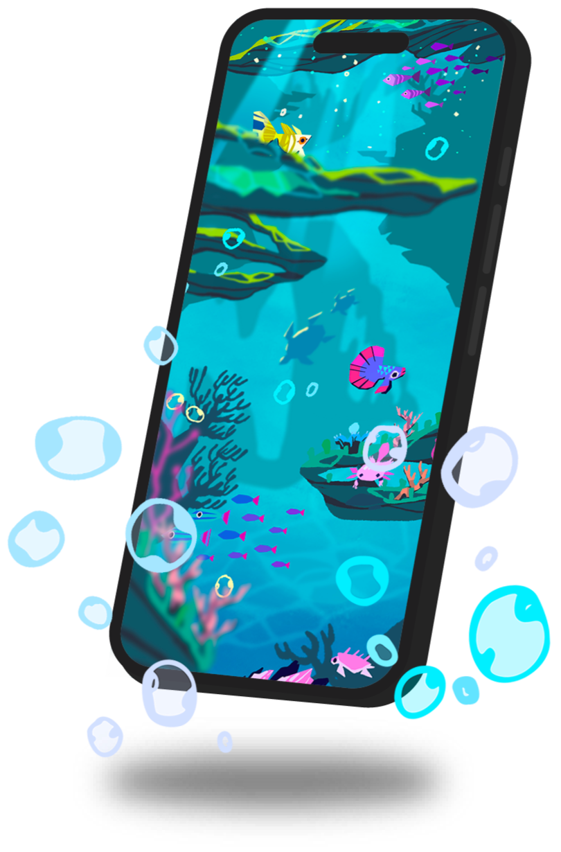 Digital illustration of a smartphone displaying an underwater scene with colorful fish, coral, and underwater plants, surrounded by floating bubbles.