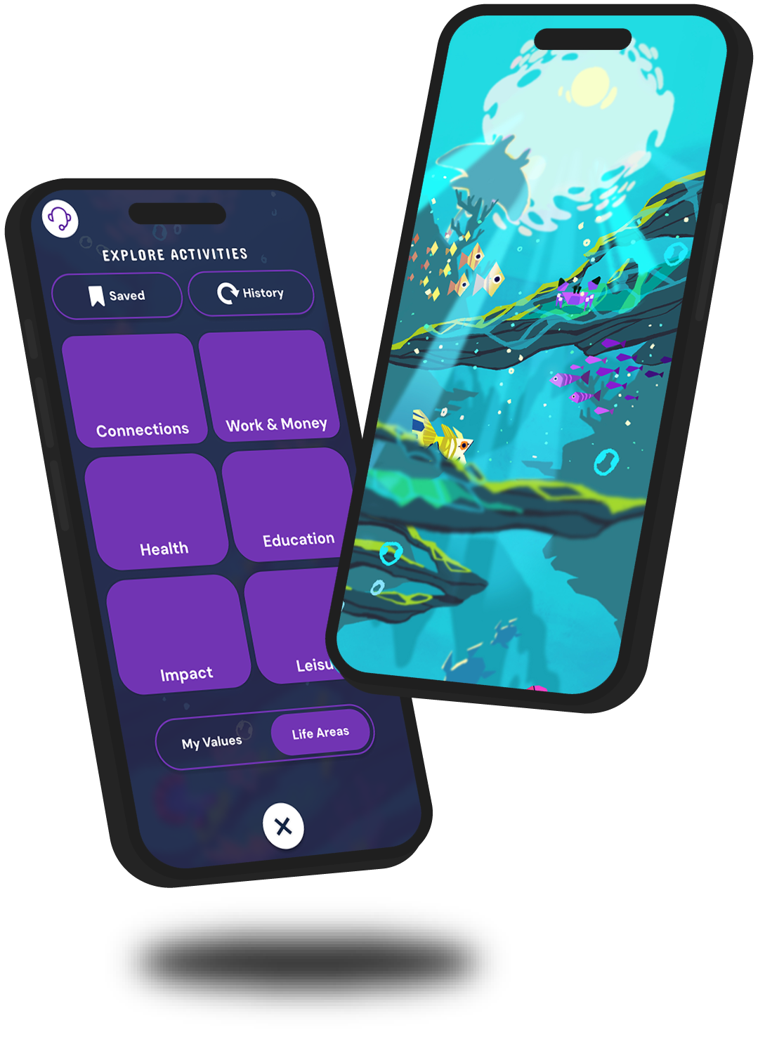 Two smartphones display an ocean-themed CBT app with fish and underwater scenery.