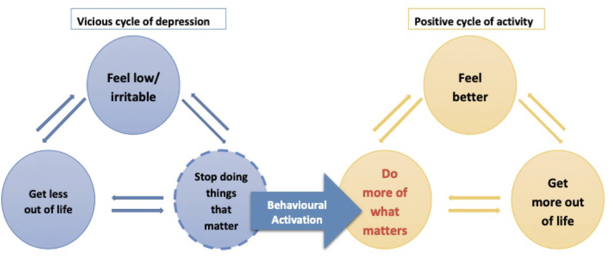 Diagram illustrating the cycle of depression and activity. On the left, blue circles depict the vicious cycle of depression with steps: feeling low or irritable, doing less out of life, and stopping doing things that matter. On the right, yellow circles depict the positive cycle of activity with steps: feeling better, getting more out of life, and doing more of what matters. An arrow labeled 'Behavioral Activation' points from the depression cycle to the activity cycle.