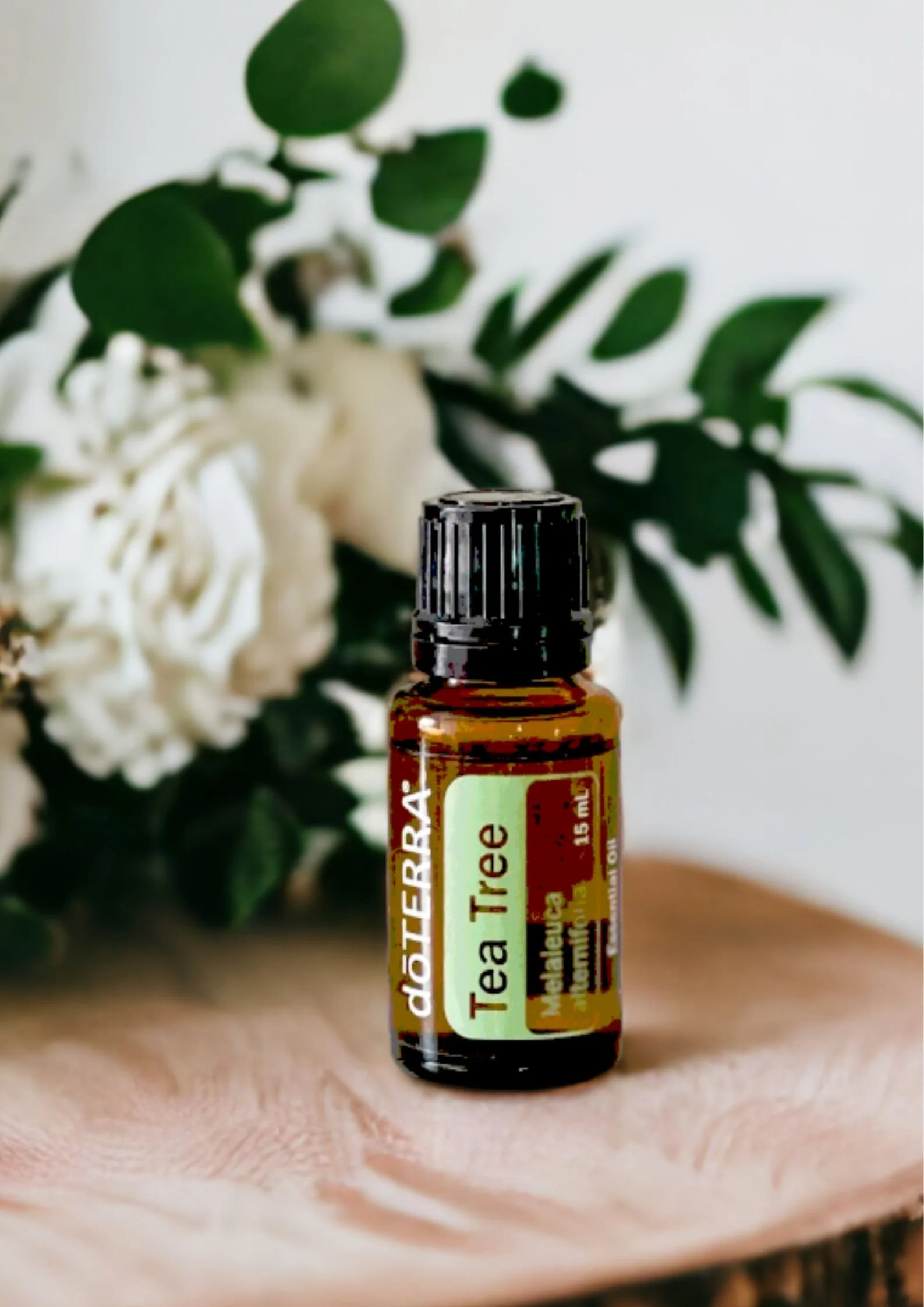 Boccetta di olio essenziale di Tea Tree doTERRA su base di legno con fiori bianchi e foglie alle spalle - Silvia Pagliarini