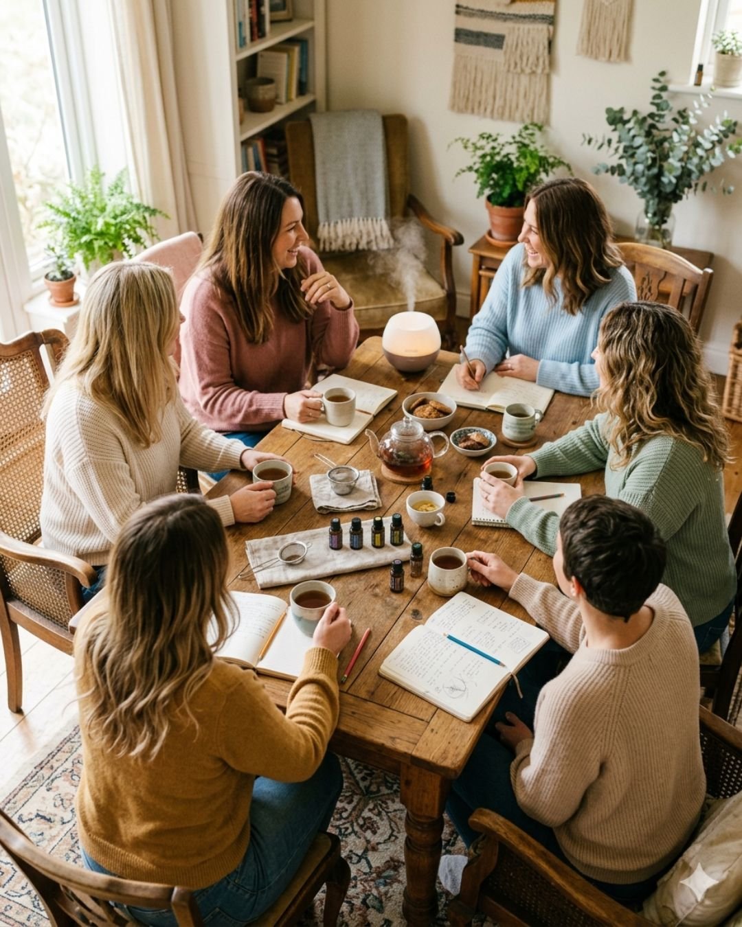 donne intorno a un tavolo che bevono tè e chiacchierano di oli essenziali