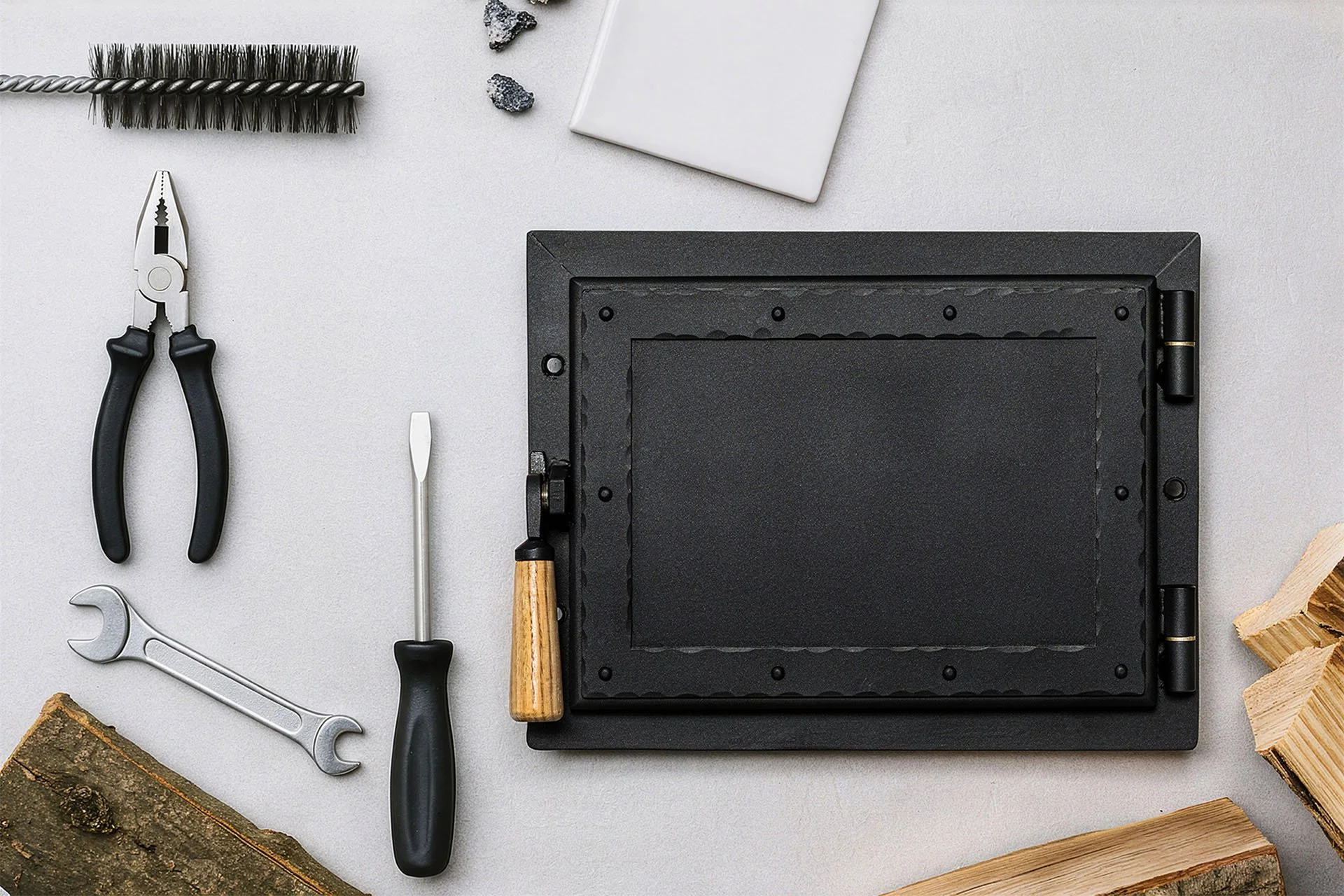 Werkzeugset mit Zange, Schraubenzieher, Kamm, Schraubenschlüssel, Holzstücke, Feuerstelle und weiteren Gegenständen auf einer weißen Oberfläche.