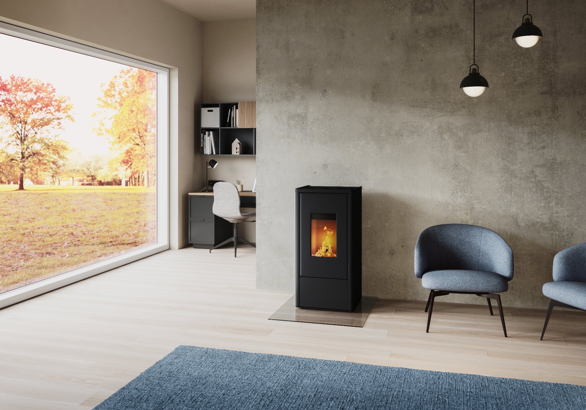 Moderner Wohnraum mit Kamin, zwei blaue Sessel, große Fensterfront mit Blick auf einen Herbstpark, Arbeitszimmer im Hintergrund