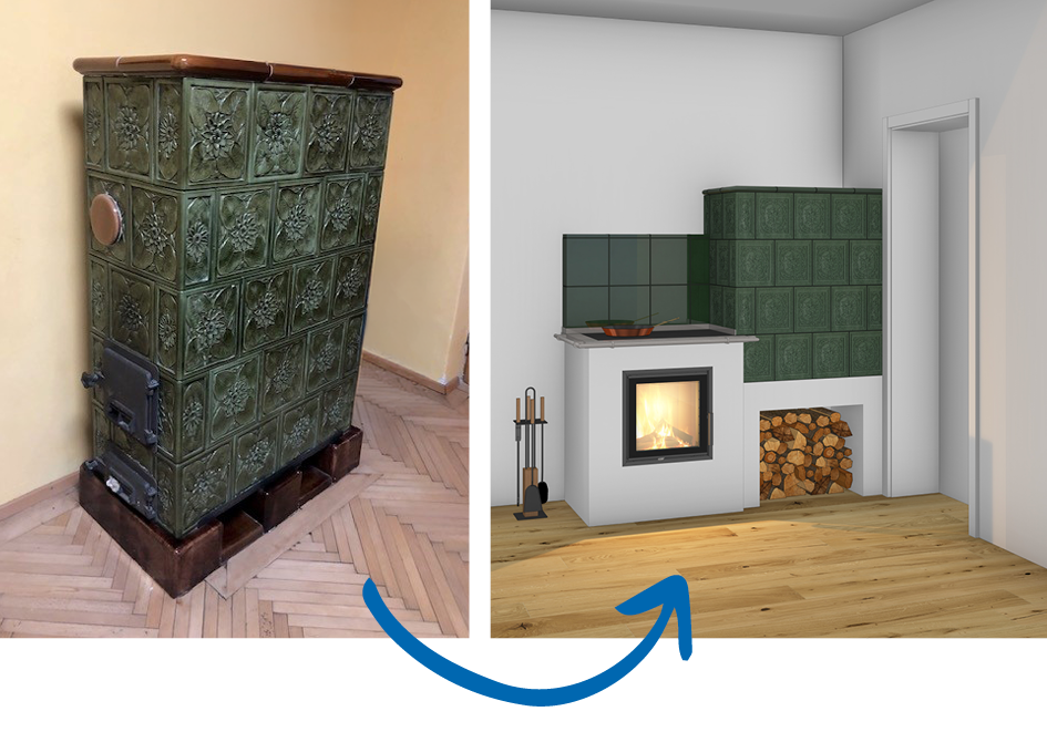 Der linke Teil zeigt einen alten, grünen Kachelofen mit dekorierten Fliesen, der auf einem Holzparkett steht. Der rechte Teil zeigt einen modernen Kaminkamin mit Holzscheiten und Kaminzubehör in einem hellen Raum mit Holzboden.