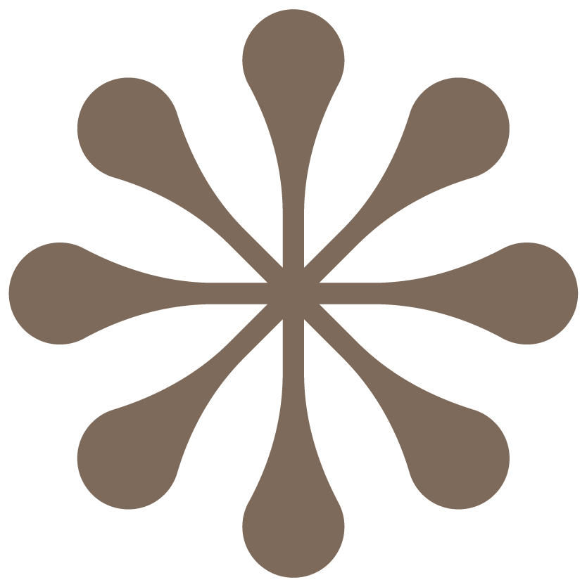 Eine stilisierte, braune Blume mit mehreren langen, runden Blütenkelchen, die von der Mitte ausgehen.