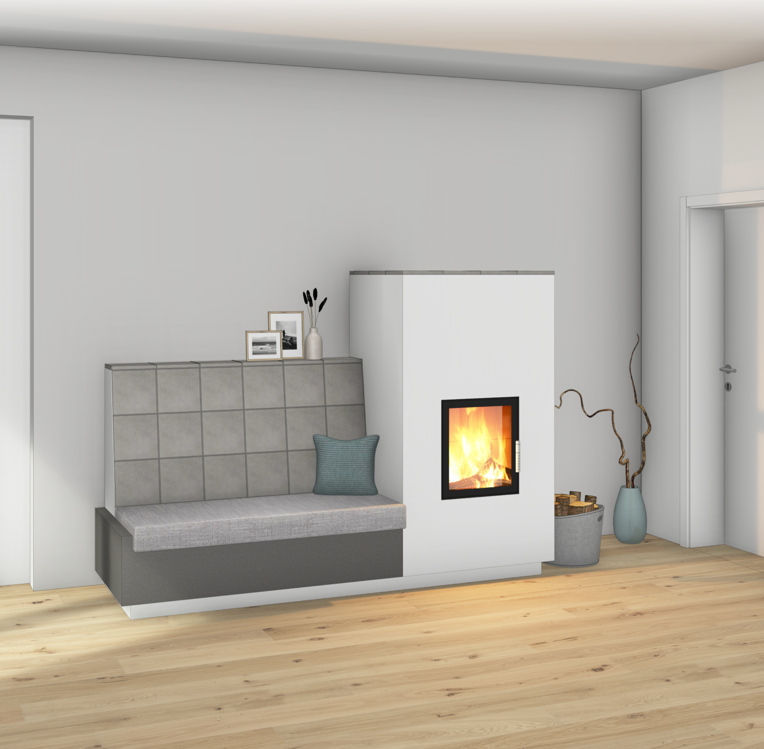 Gemütliches Wohnzimmer mit Kamin, grauem Sitzbank, Dekorationsgegenständen und Holzboden.