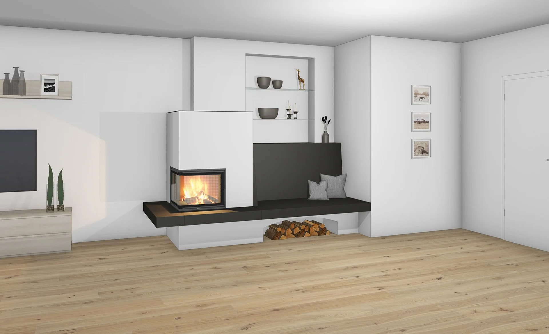 Modernes Wohnzimmer mit Kamin, Holzscheiten, weißen Wänden, kleinen Dekorationsgegenständen und Holzfußboden.