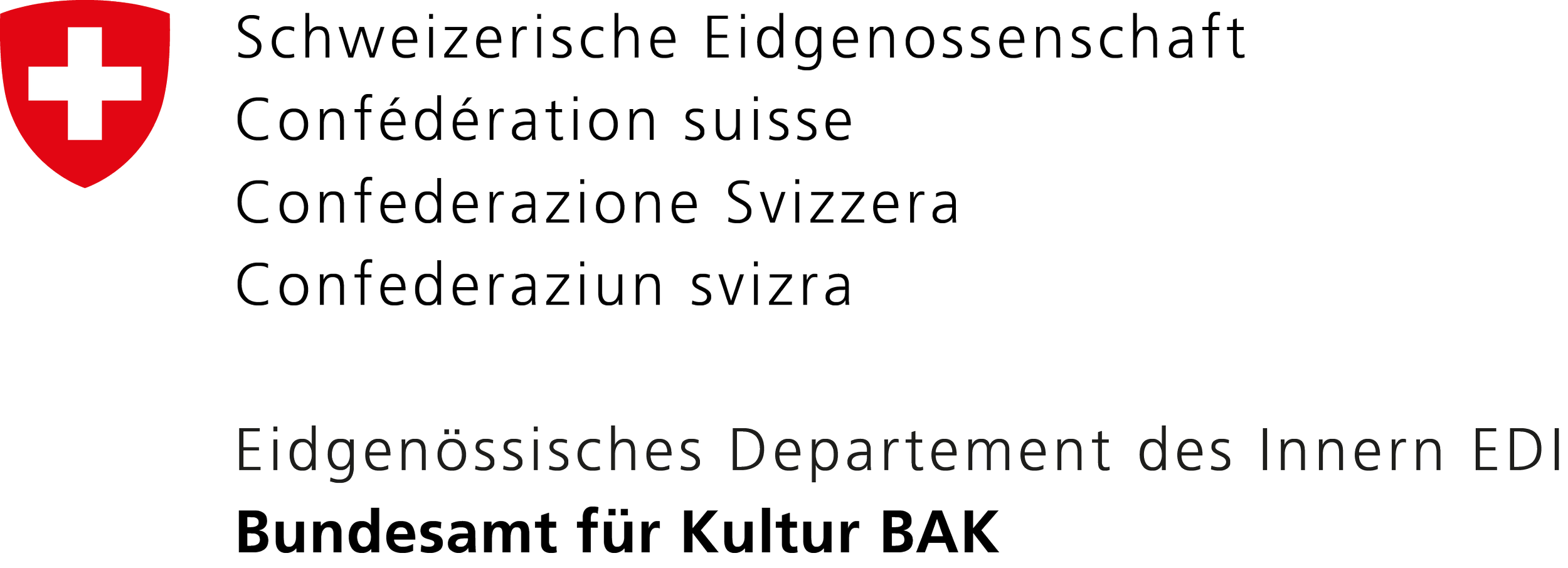 Logo of the Swiss Confederation featuring a red shield with a white cross on the left side, alongside text in multiple languages including German, French, Italian, and Romansh.