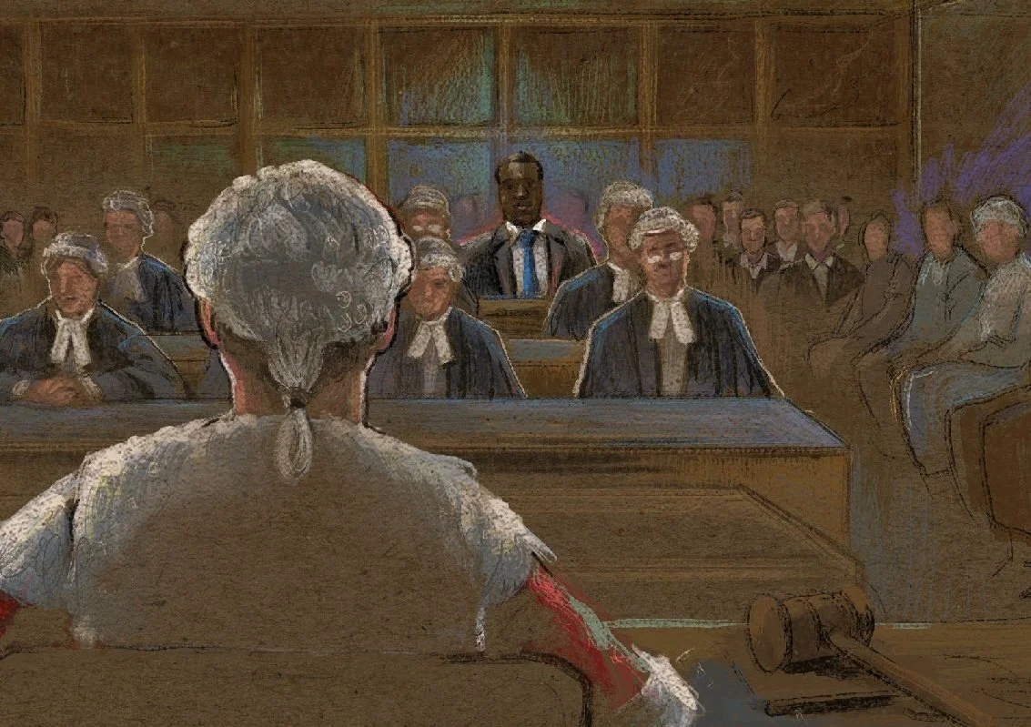 A courtroom scene with a judge or lawyer wearing a wig sitting at the front, facing a defendant and a judge or jury in the background.