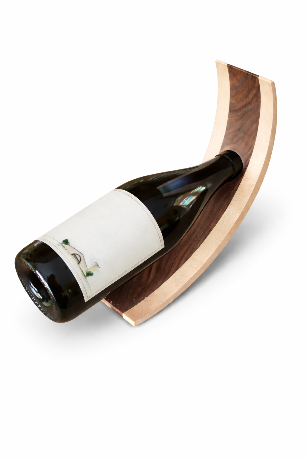 A wine bottle resting on a curved wooden display stand.
