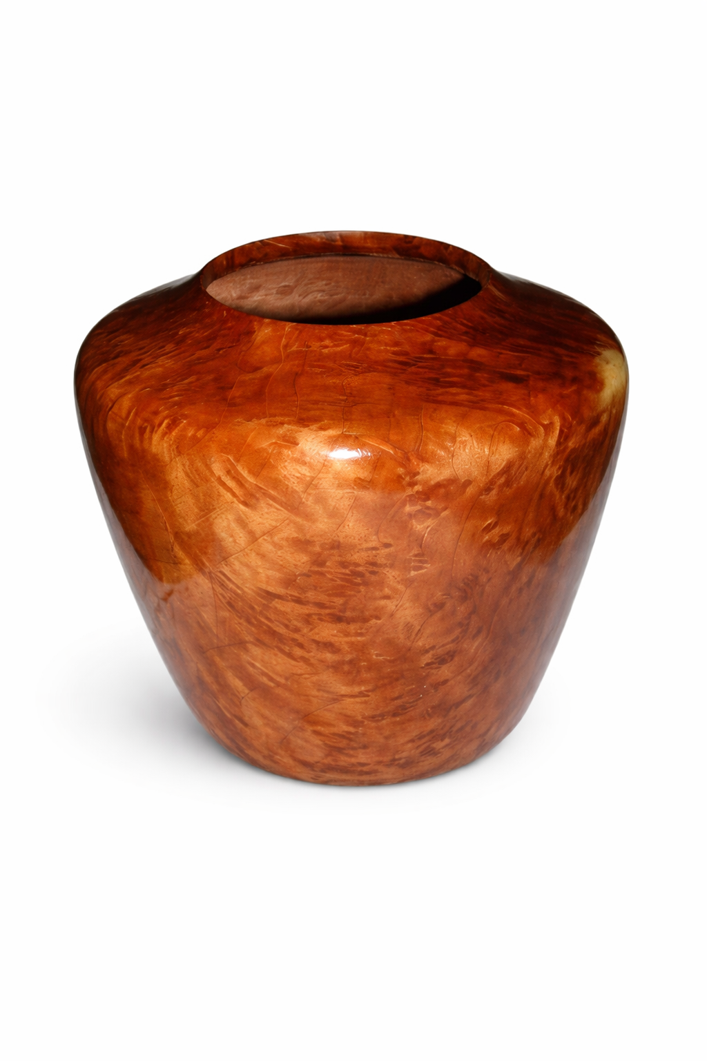 A polished wooden vase with a rounded shape and a wide opening at the top, featuring a warm, reddish-brown finish.
