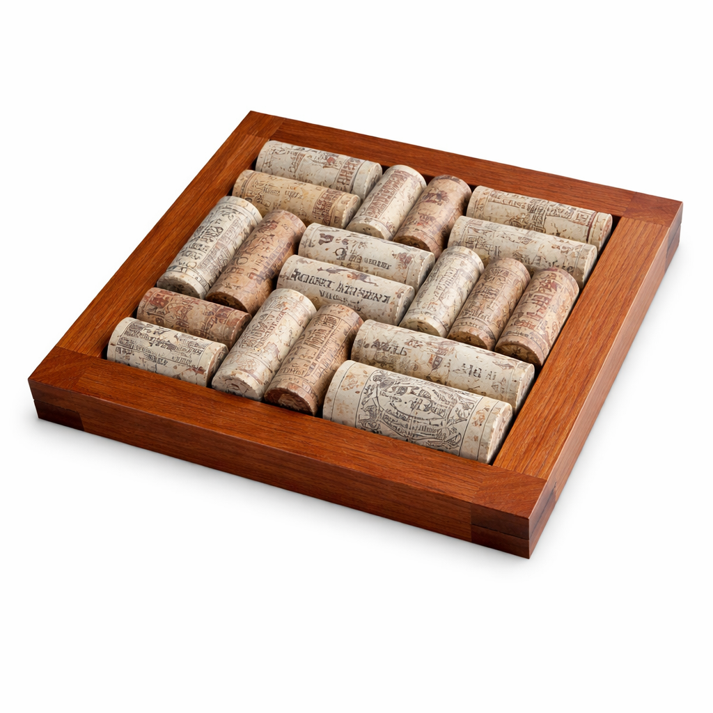 A cherry and wine cork trivet.