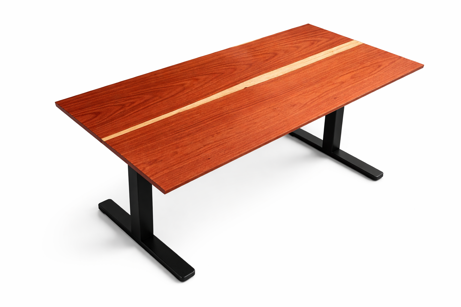 A rectangular Padauk wooden desk with a natural wood grain finish and a single light-colored stripe down the middle, supported by black metal legs.