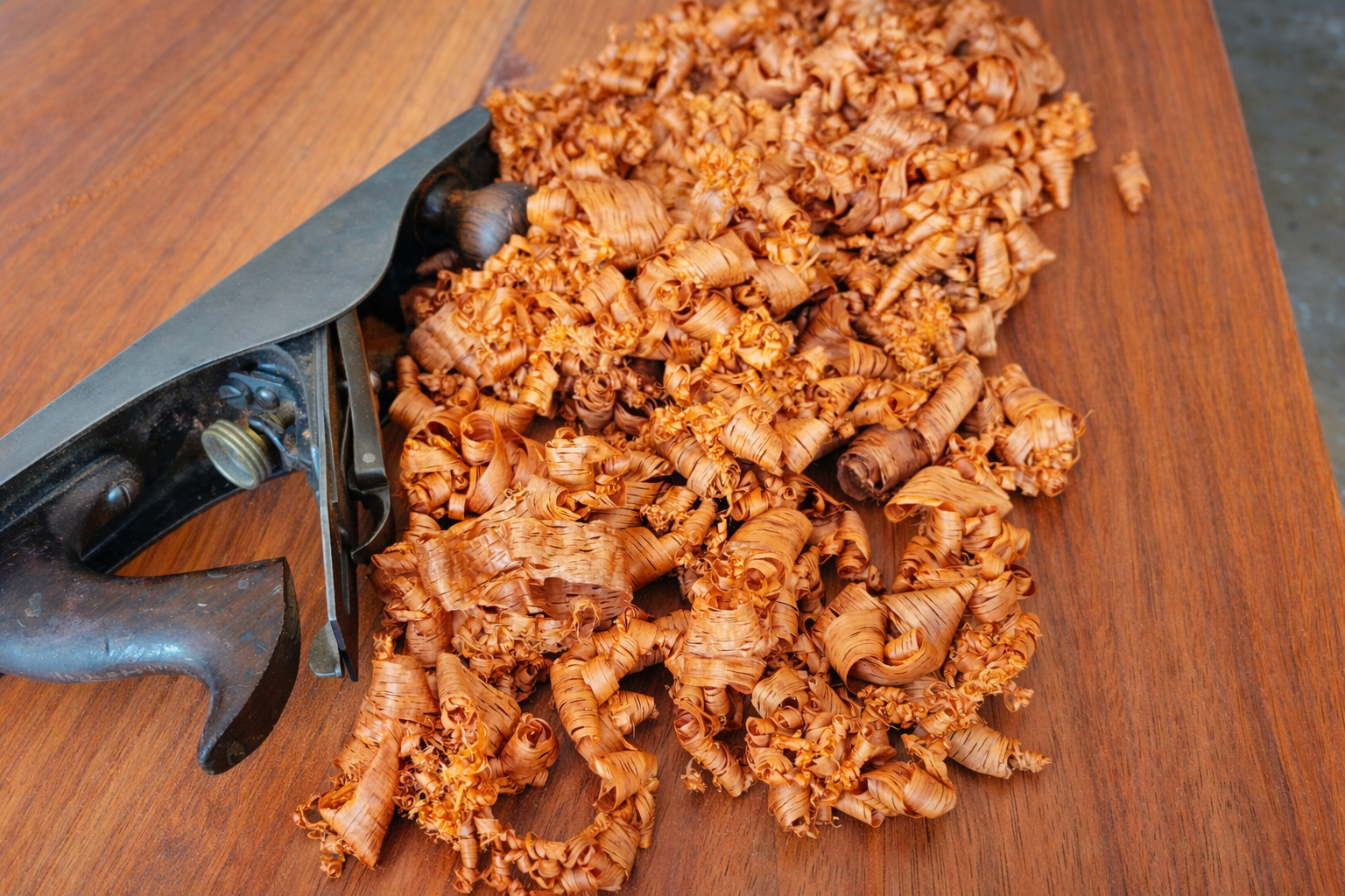 A large pile of wood shavings and curls on a wooden surface next to a woodworking plane.