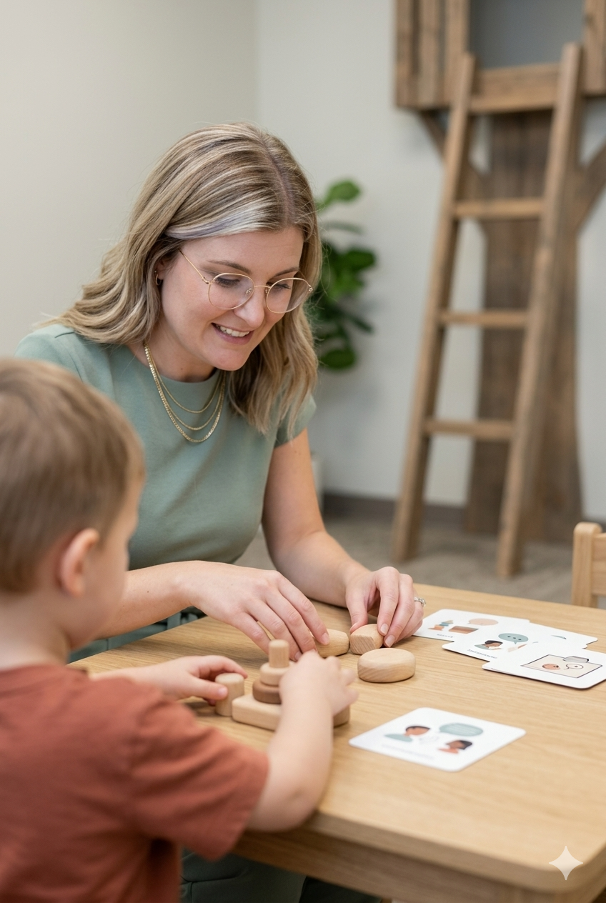 A woman and a young boy sitting at a wooden table, playing with wooden puzzle pieces and cards. The woman is smiling and wearing glasses, the boy is focused on the puzzle.