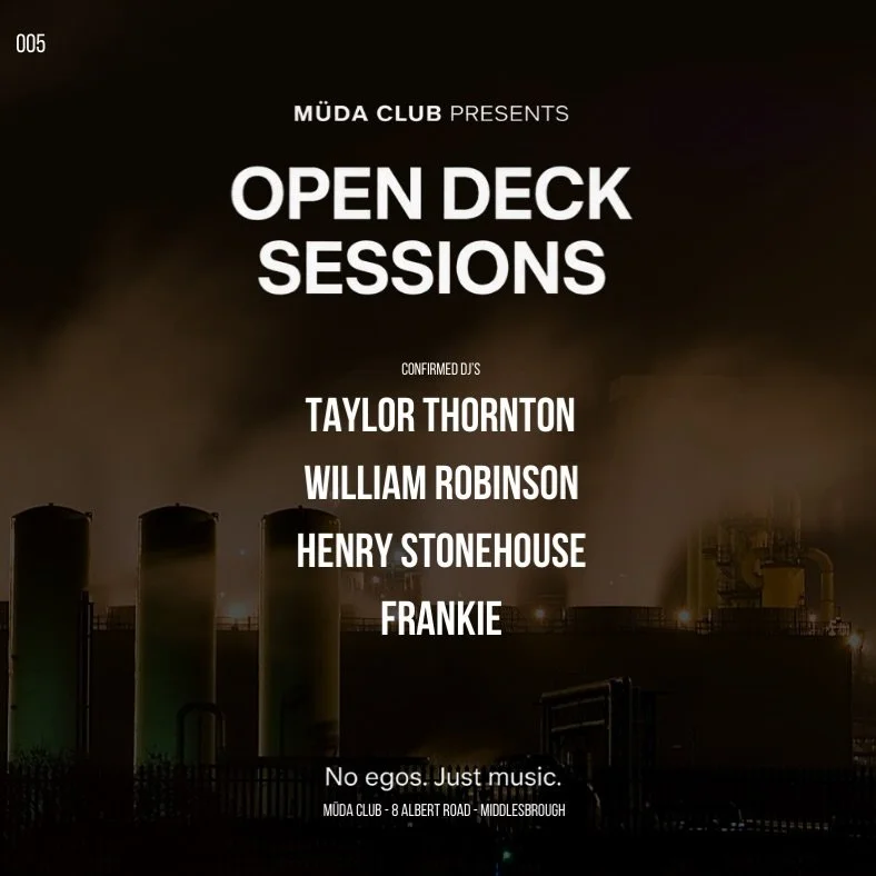 Tomorrow marks week 005 of Open Deck Sessions at M&Uuml;DA.
More fresh local talent stepping into the M&Uuml;DA booth, keeping Fridays moving the way they should.🖤

Drinks on lock all night: 🍺 &pound;3.50 pints 🍾 &pound;3.50 bottles 🍸 2 cocktails