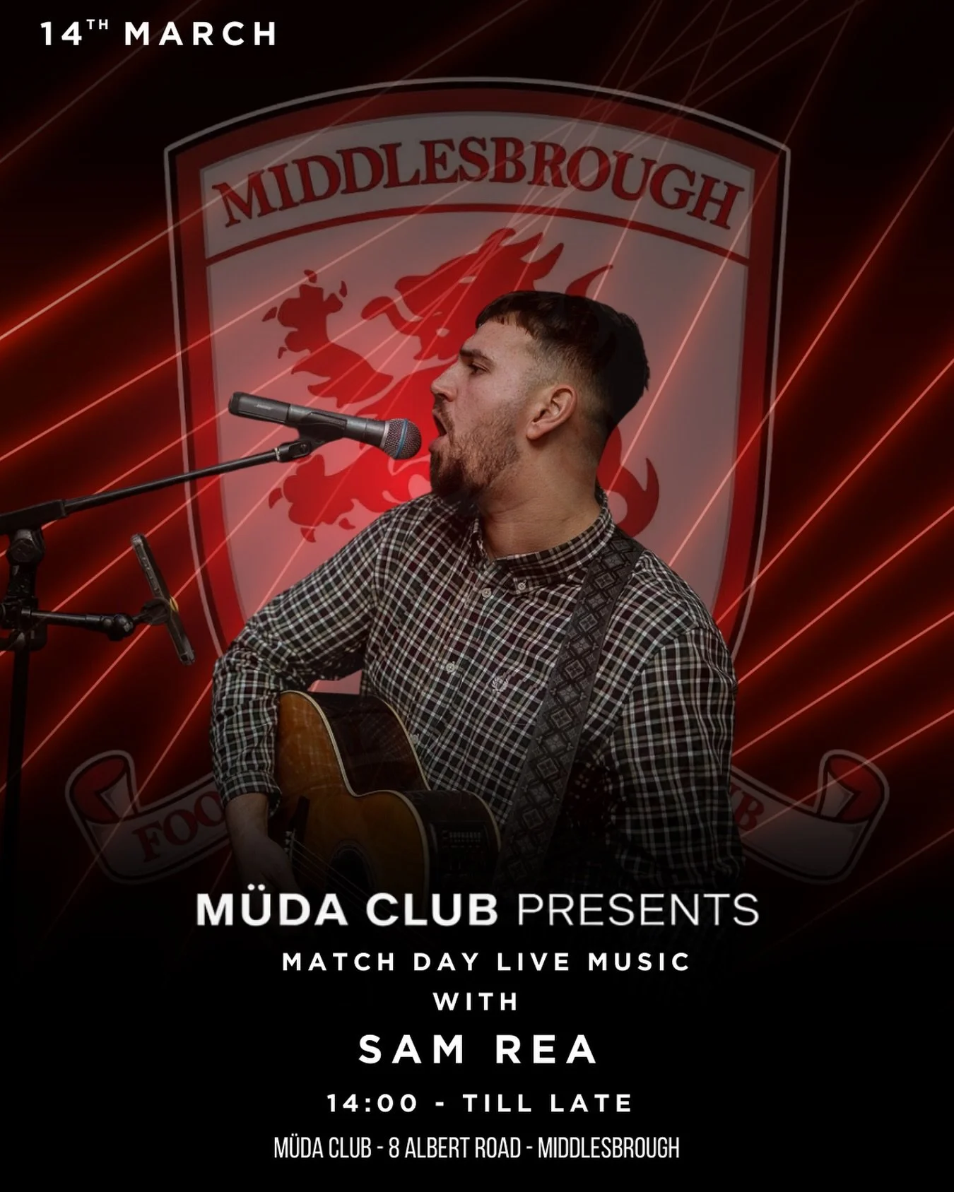 M&Uuml;DA goes RED 🔴
Saturday 14th as Middlesbrough F.C. host Bristol City at home ⚽

Live music from Sam Rea 🎸🎙️

Get yourselves in for a proper match day sing along.

&pound;3.50 selected draught
&pound;3.50 bottles
2 for &pound;14 cocktails 🍻?