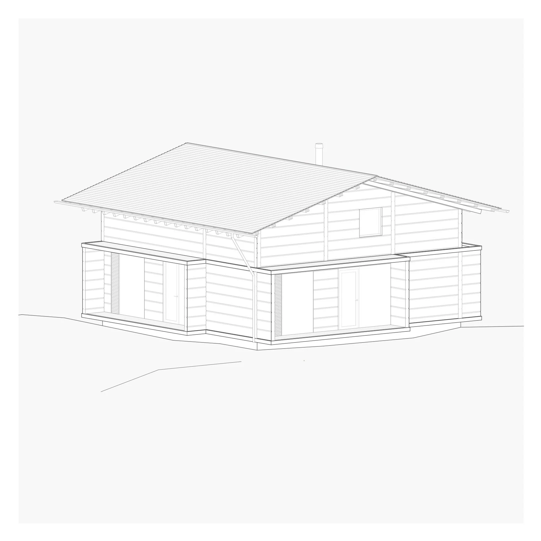 Line drawing of a two-story house with a sloped roof, exterior balcony, and glass doors.