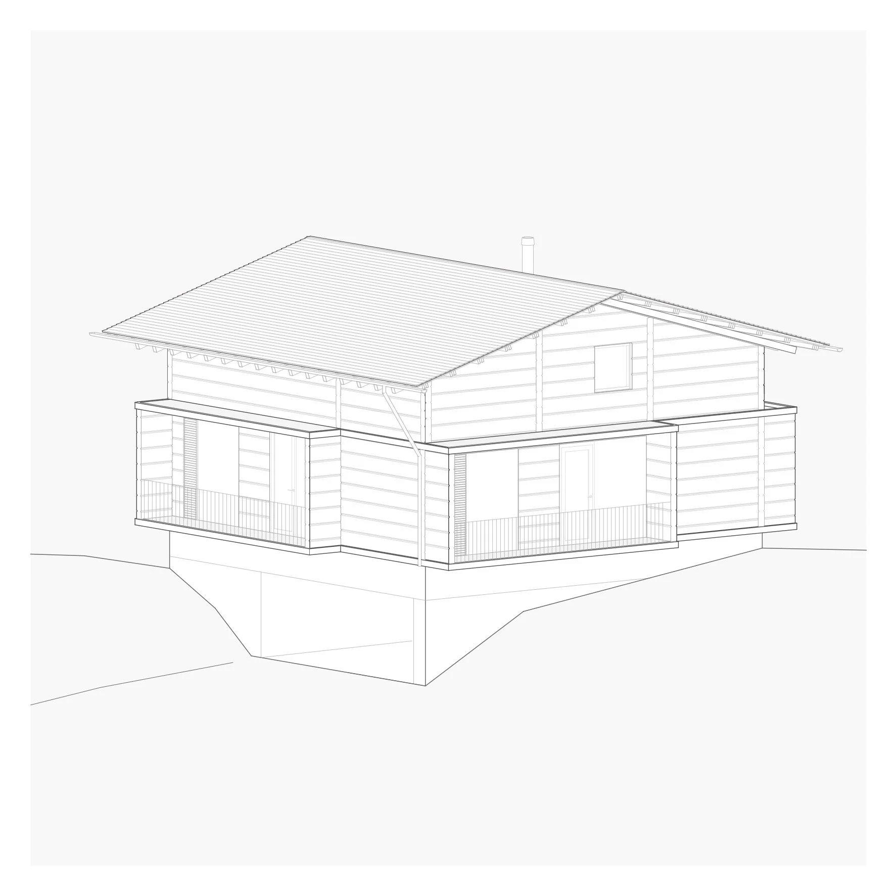 Line drawing of a two-story wooden house with a sloped roof, balconies, and railing.