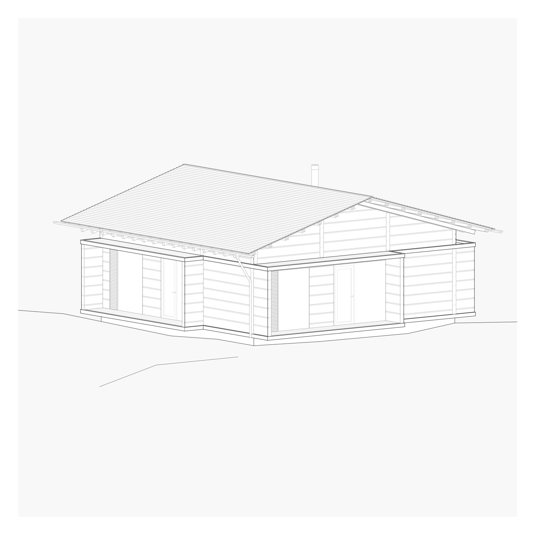 Line drawing of a single-story house with a large sloped roof, exterior wooden siding, and large windows.
