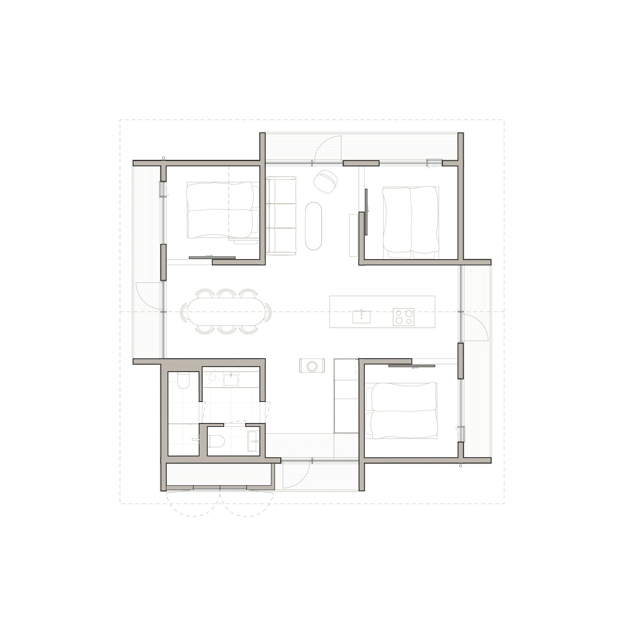 Floor plan of a house with three bedrooms, a living room, a kitchen, and two bathrooms.