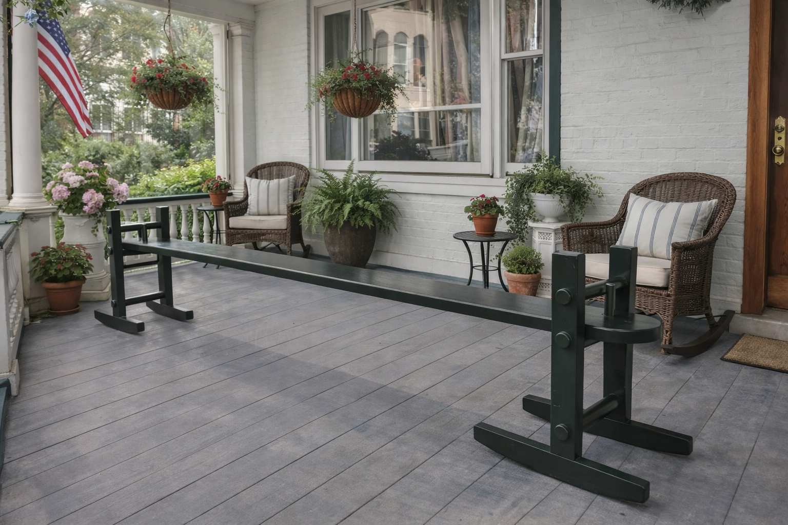 Handcrafted outdoor joggling board on front porch in Maryland