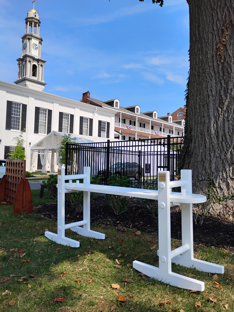 A white wooden barrier in front of a large tree and a black metal fence, with a historic white building with a clock tower and balconies decorated with patriotic bunting in the background.