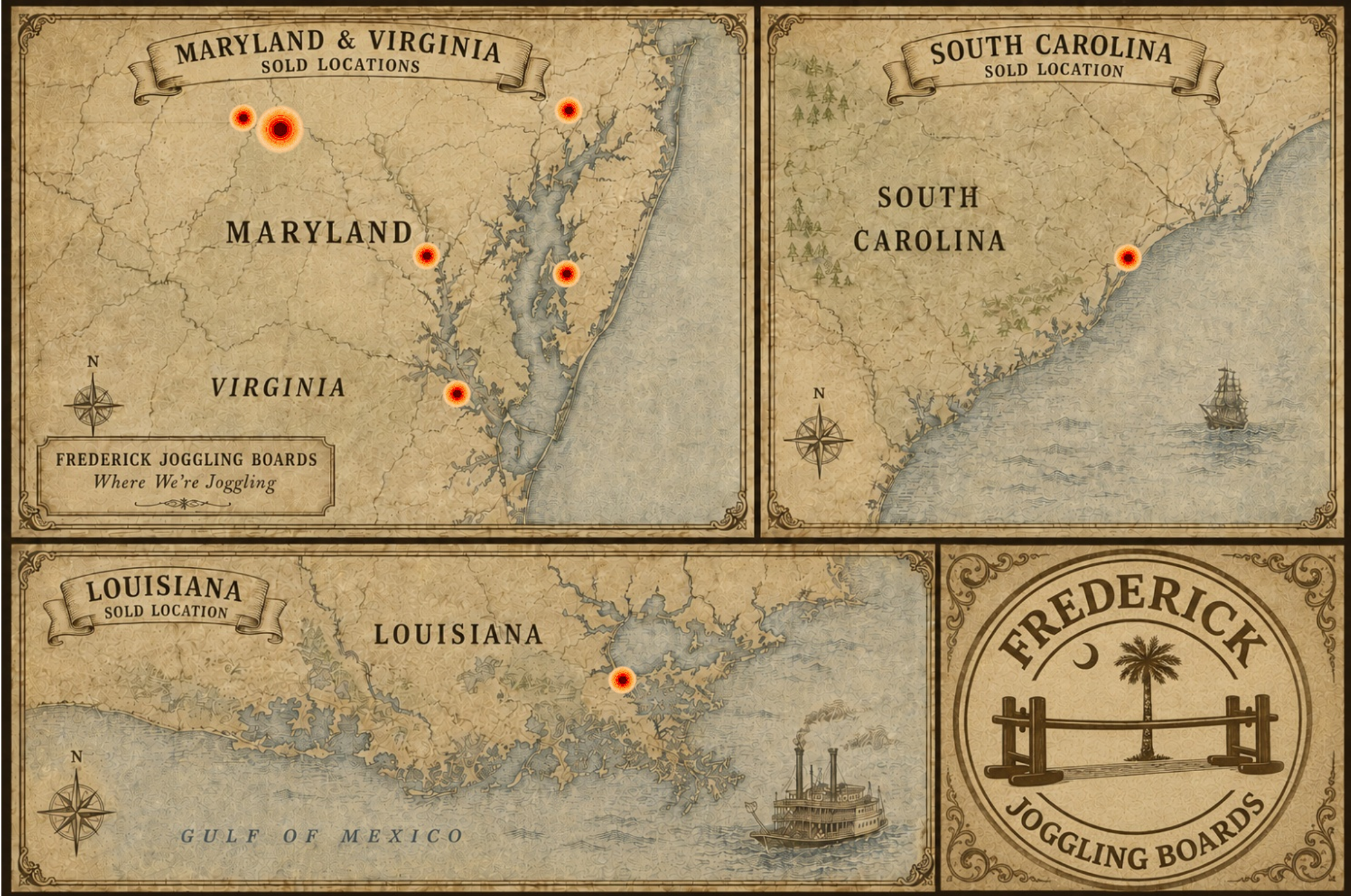 Map showing sold locations of Frederick Joggling Boards in Maryland, Virginia, South Carolina, and Louisiana, with key regions highlighted.